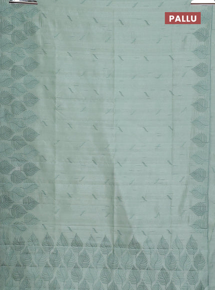 Semi raw silk saree pastel green with embroidery buttas and leaf embroidery border