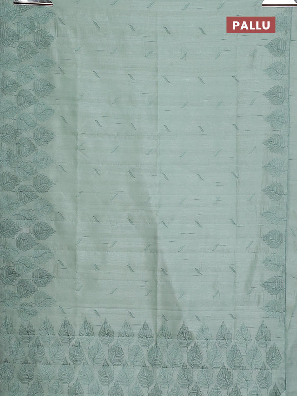 Semi raw silk saree pastel green with embroidery buttas and leaf embroidery border