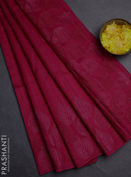 Semi raw silk saree dark pink with embroidery buttas and leaf embroidery border