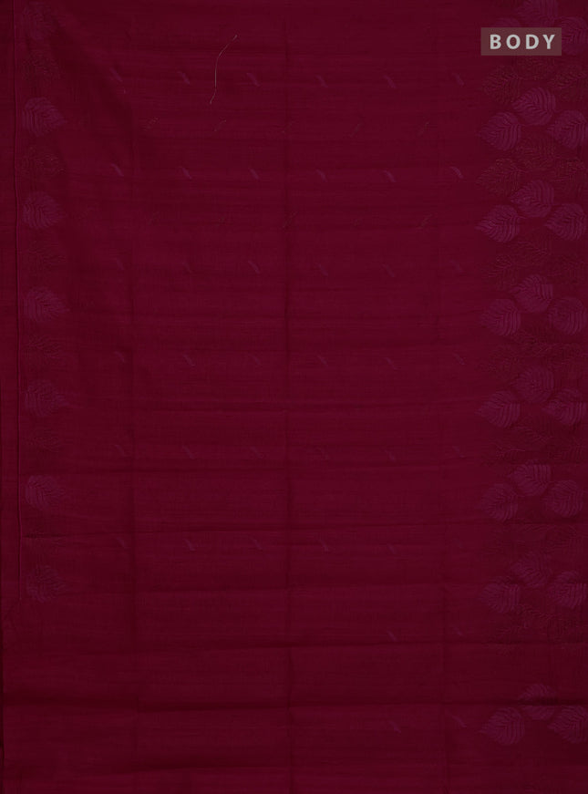 Semi raw silk saree dark pink with embroidery buttas and leaf embroidery border