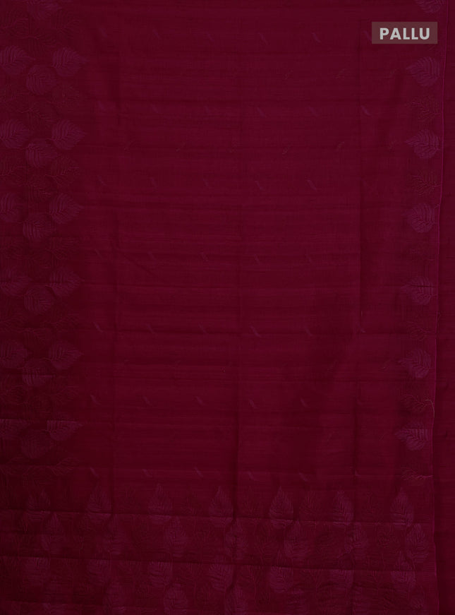 Semi raw silk saree dark pink with embroidery buttas and leaf embroidery border