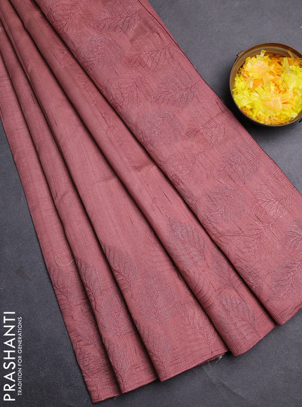 Semi raw silk saree brown with embroidery buttas and leaf embroidery border