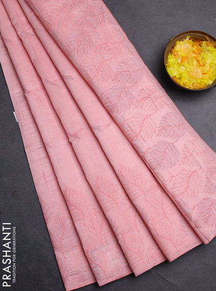 Semi raw silk saree mild peach pink with embroidery buttas and leaf embroidery border