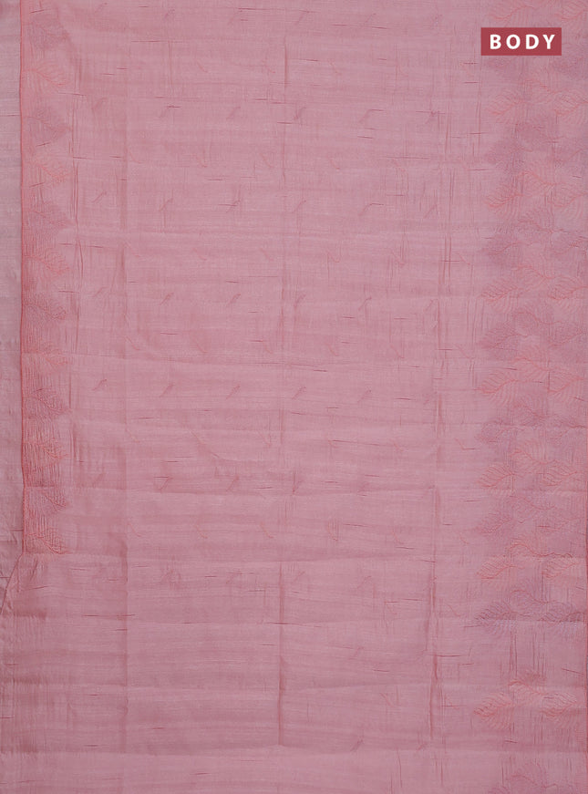 Semi raw silk saree mild peach pink with embroidery buttas and leaf embroidery border
