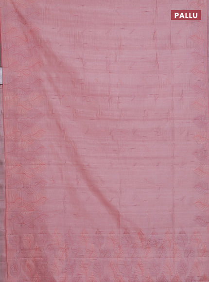 Semi raw silk saree mild peach pink with embroidery buttas and leaf embroidery border