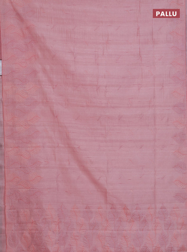 Semi raw silk saree mild peach pink with embroidery buttas and leaf embroidery border