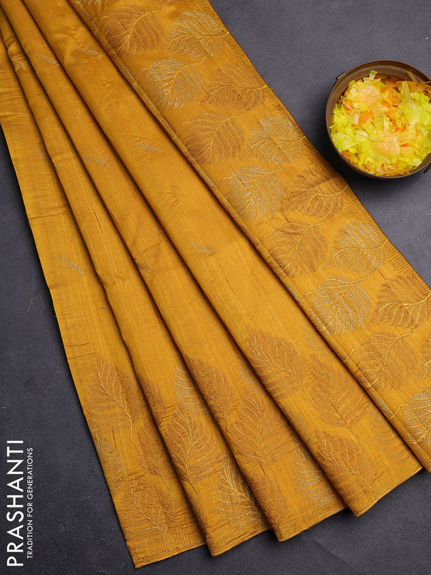 Semi raw silk saree mustard yellow with embroidery buttas and leaf embroidery border