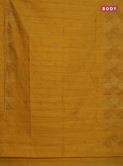 Semi raw silk saree mustard yellow with embroidery buttas and leaf embroidery border