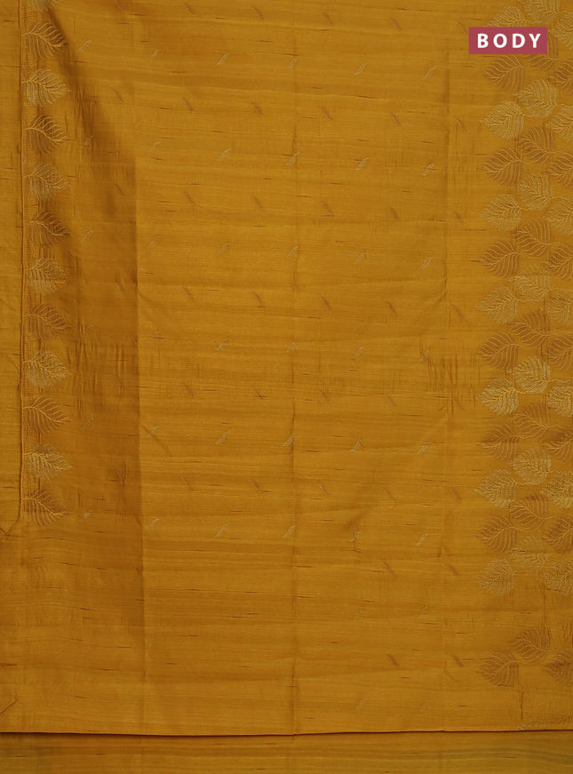 Semi raw silk saree mustard yellow with embroidery buttas and leaf embroidery border