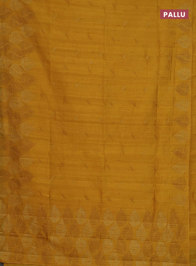 Semi raw silk saree mustard yellow with embroidery buttas and leaf embroidery border