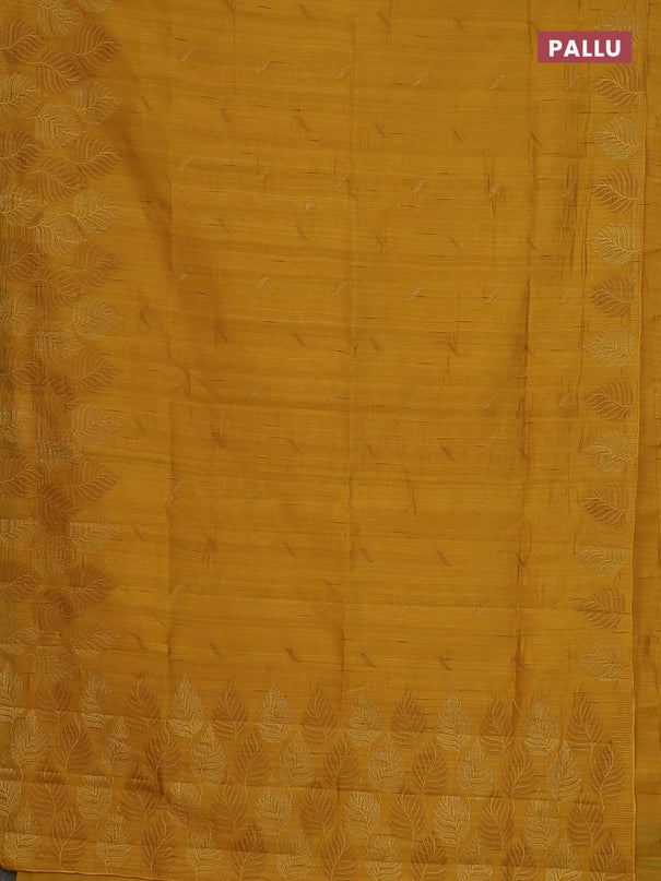 Semi raw silk saree mustard yellow with embroidery buttas and leaf embroidery border