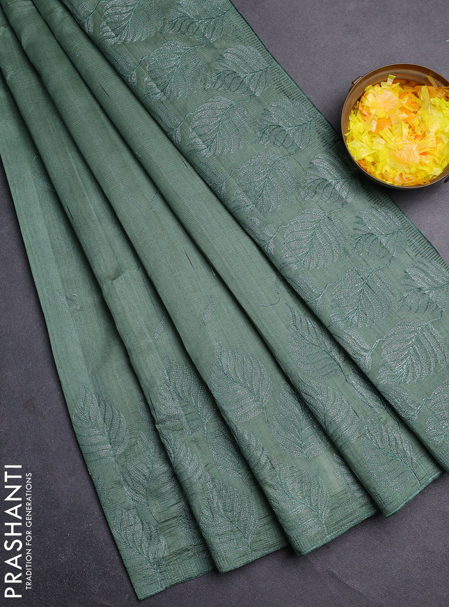 Semi raw silk saree green shade with embroidery buttas and leaf embroidery border