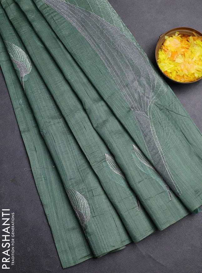 Semi raw silk saree green shade with leaf embroidery buttas in borderless style