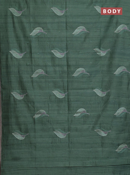Semi raw silk saree green shade with leaf embroidery buttas in borderless style