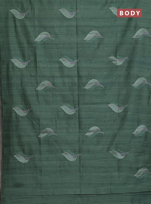 Semi raw silk saree green shade with leaf embroidery buttas in borderless style