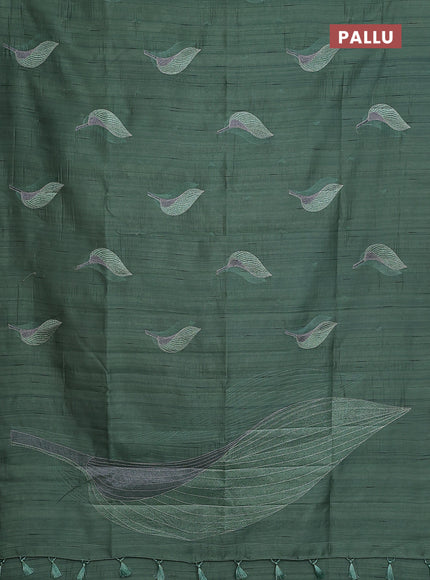 Semi raw silk saree green shade with leaf embroidery buttas in borderless style