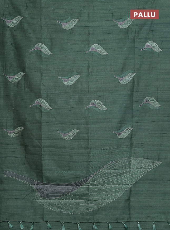 Semi raw silk saree green shade with leaf embroidery buttas in borderless style