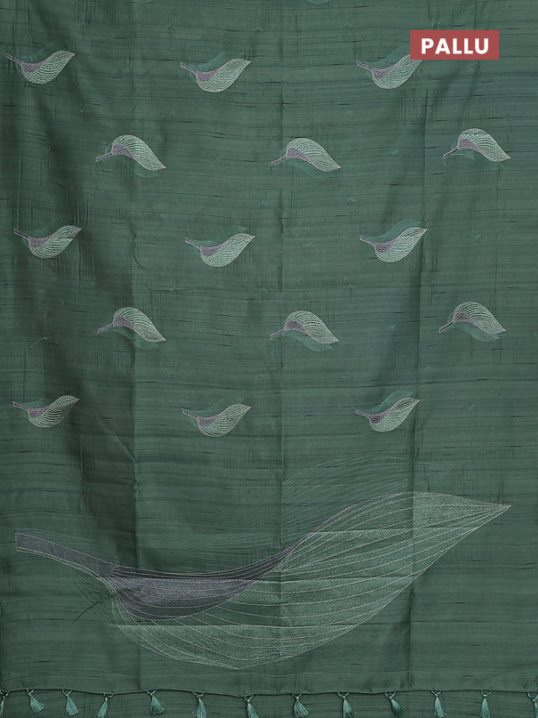 Semi raw silk saree green shade with leaf embroidery buttas in borderless style