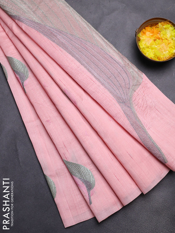 Semi raw silk saree peach shade with leaf embroidery buttas in borderless style