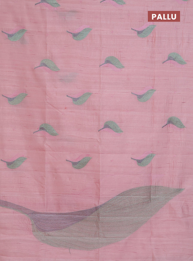 Semi raw silk saree peach shade with leaf embroidery buttas in borderless style