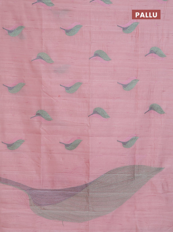 Semi raw silk saree peach shade with leaf embroidery buttas in borderless style