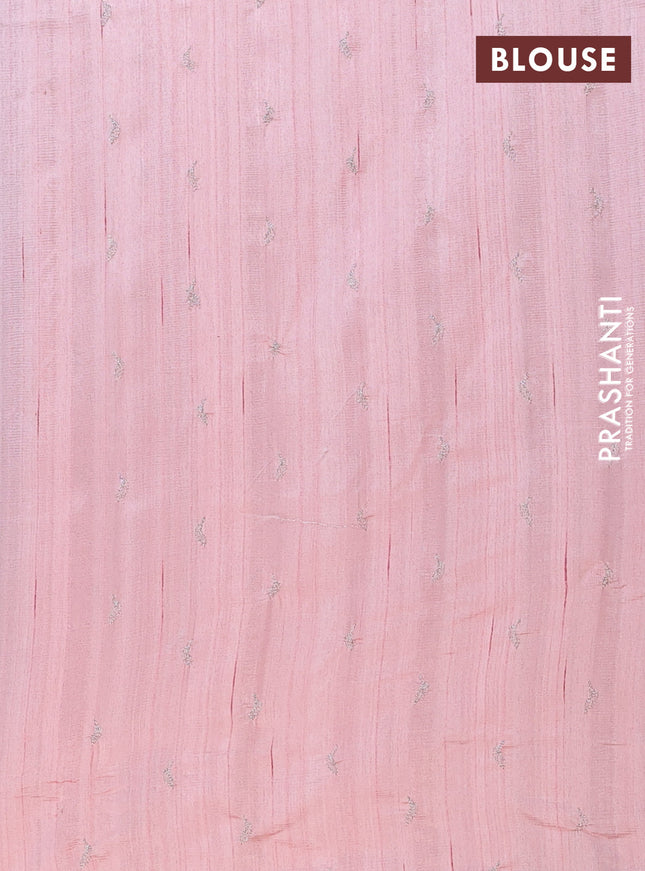 Semi raw silk saree peach shade with leaf embroidery buttas in borderless style