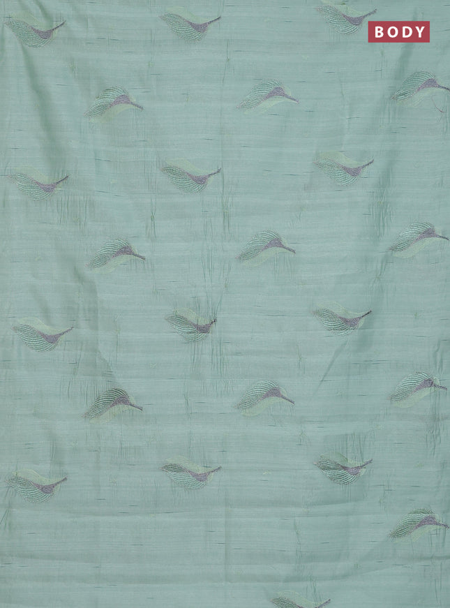 Semi raw silk saree pastel green with leaf embroidery buttas in borderless style