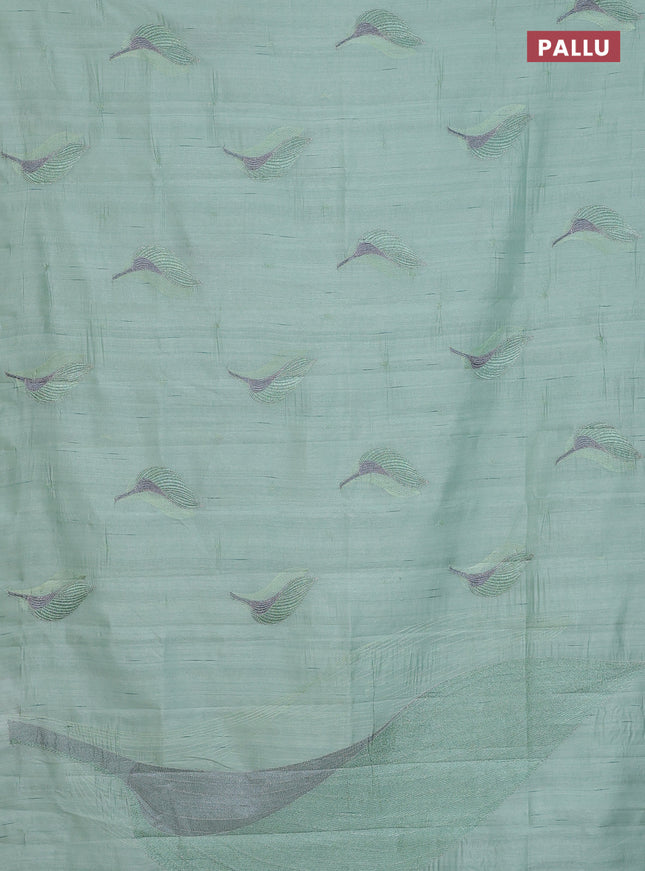 Semi raw silk saree pastel green with leaf embroidery buttas in borderless style