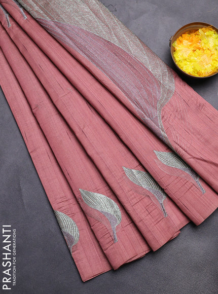 Semi raw silk saree brown with leaf embroidery buttas in borderless style