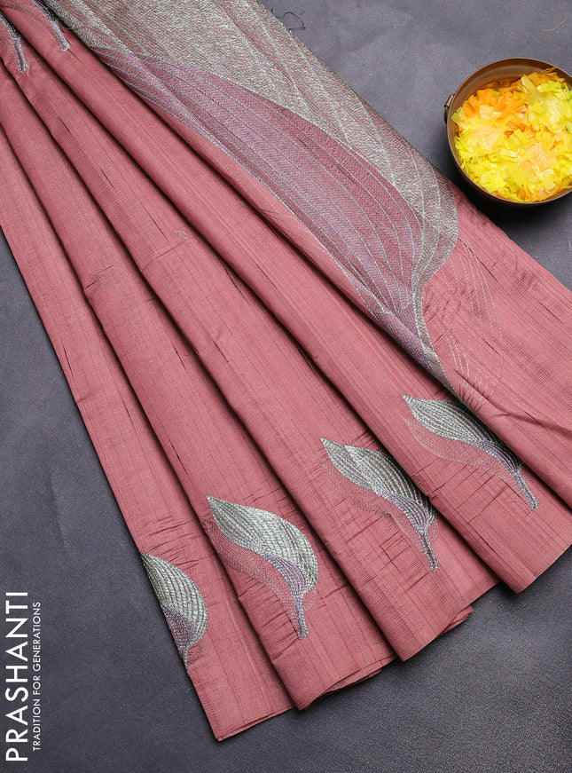 Semi raw silk saree brown with leaf embroidery buttas in borderless style