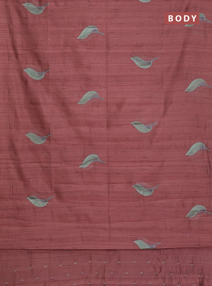 Semi raw silk saree brown with leaf embroidery buttas in borderless style