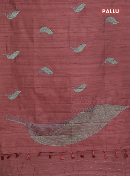 Semi raw silk saree brown with leaf embroidery buttas in borderless style