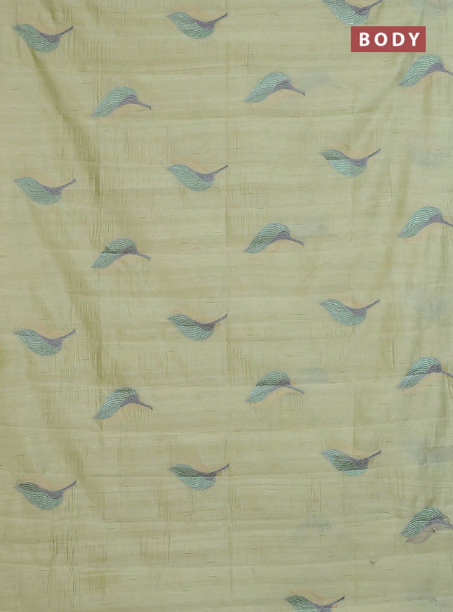 Semi raw silk saree pista green with leaf embroidery buttas in borderless style