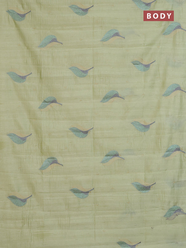 Semi raw silk saree pista green with leaf embroidery buttas in borderless style
