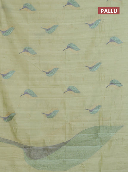Semi raw silk saree pista green with leaf embroidery buttas in borderless style