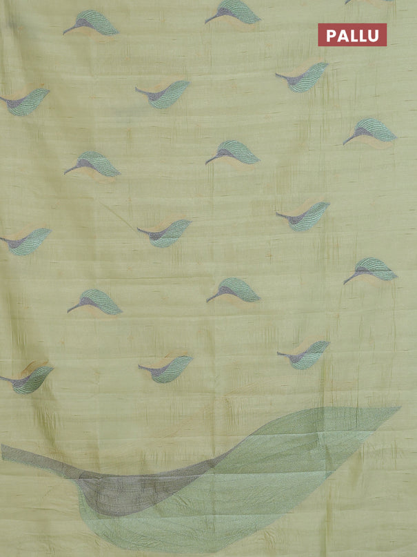 Semi raw silk saree pista green with leaf embroidery buttas in borderless style
