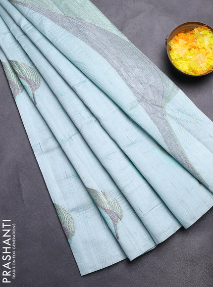 Semi raw silk saree pastel blue with leaf embroidery buttas in borderless style