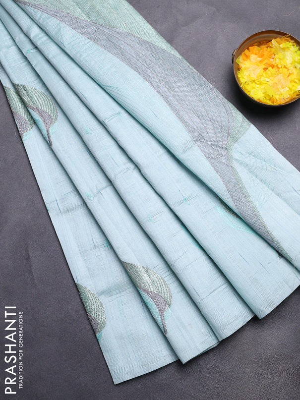 Semi raw silk saree pastel blue with leaf embroidery buttas in borderless style