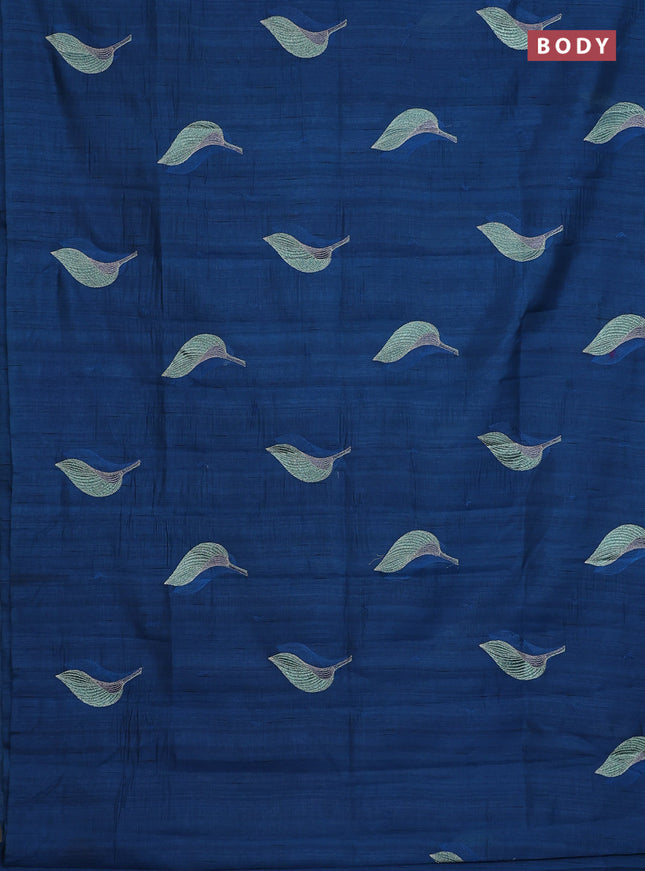 Semi raw silk saree peacock blue with leaf embroidery buttas in borderless style