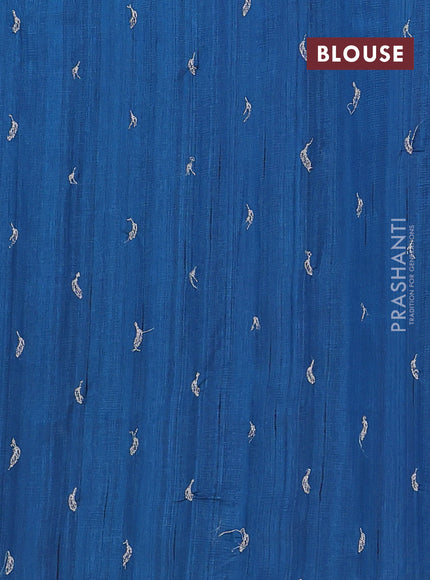 Semi raw silk saree peacock blue with leaf embroidery buttas in borderless style
