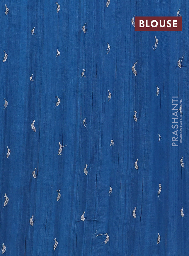 Semi raw silk saree peacock blue with leaf embroidery buttas in borderless style