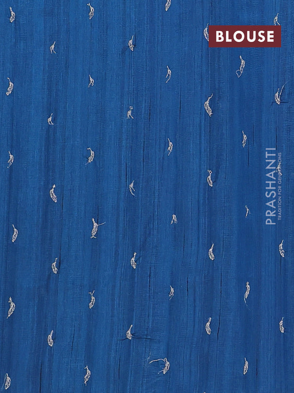 Semi raw silk saree peacock blue with leaf embroidery buttas in borderless style