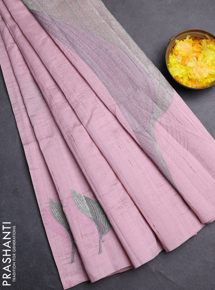 Semi raw silk saree pastel pink with leaf embroidery buttas in borderless style