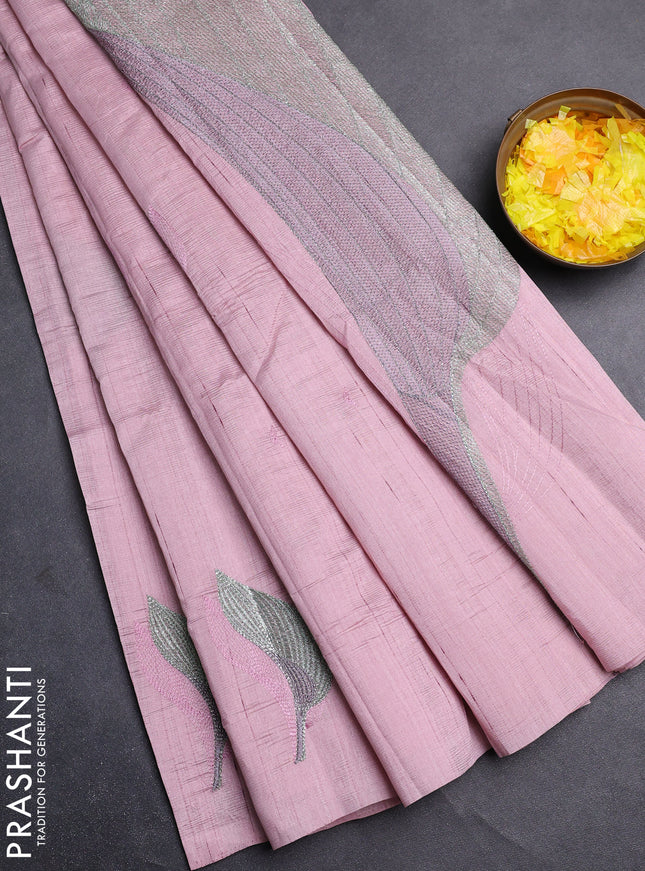 Semi raw silk saree pastel pink with leaf embroidery buttas in borderless style