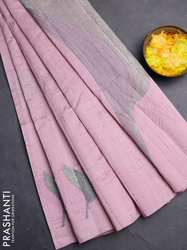 Semi raw silk saree pastel pink with leaf embroidery buttas in borderless style