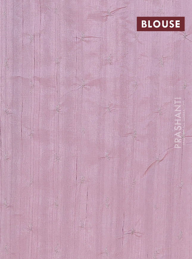 Semi raw silk saree pastel pink with leaf embroidery buttas in borderless style