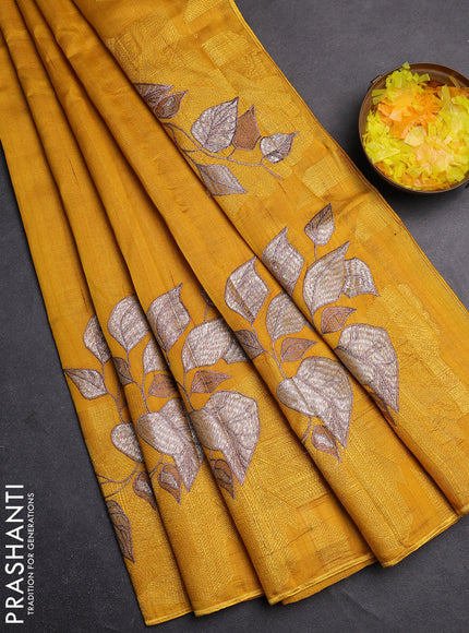 Semi raw silk saree mustard yellow with embroidery buttas and long embroidery border