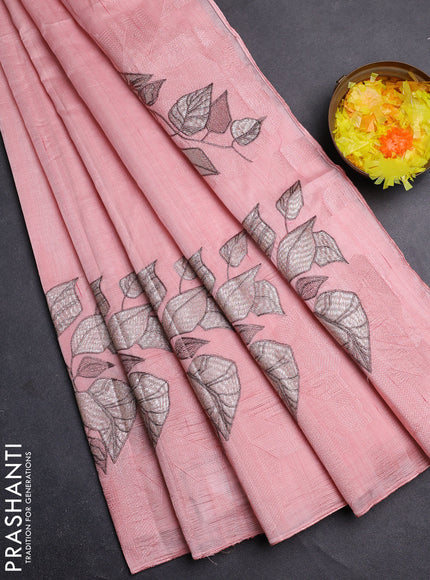 Semi raw silk saree mild peach with embroidery buttas and long embroidery border