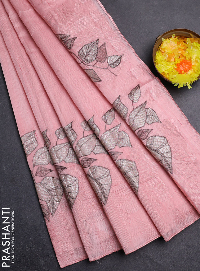 Semi raw silk saree mild peach with embroidery buttas and long embroidery border