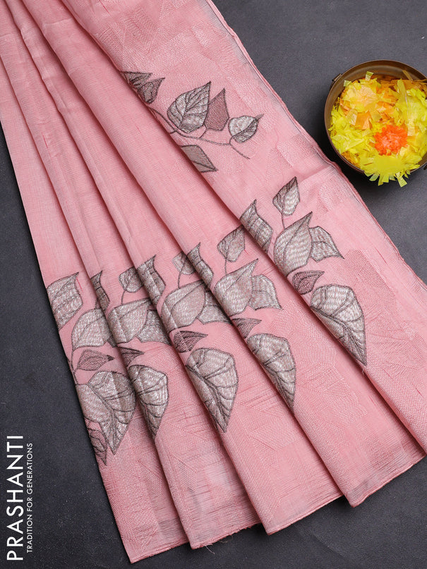 Semi raw silk saree mild peach with embroidery buttas and long embroidery border